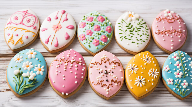 Decorated cookies on white wooden table
