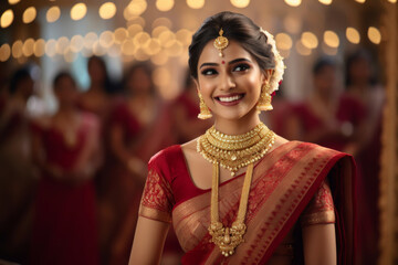 A smiling young Indian ethnic woman wearing traditional costumes and jewellery 