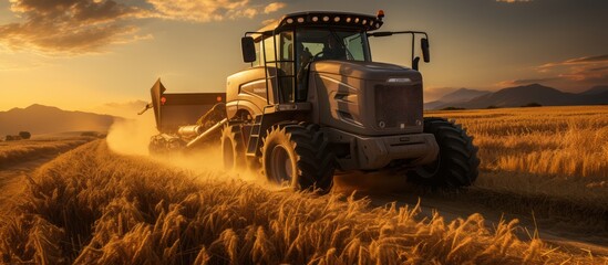 Harvester tractor dumps harvested wheat into truck. at sunset - obrazy, fototapety, plakaty