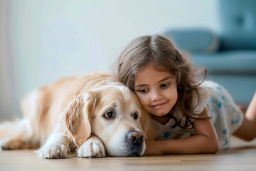 Loving little girl lying with a pet dog at home
