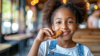 Foto op Canvas Happy preteen enjoying chicken nuggets in restaurant with blurred background and copy space © Ilja