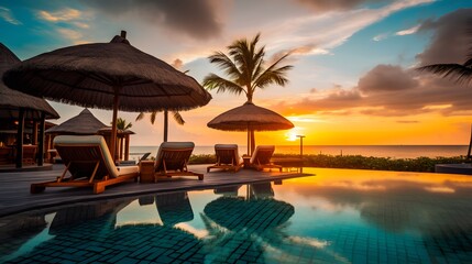 Beautiful luxury umbrella and chair around outdoor swimming pool in hotel and resort with coconut palm tree on sunset or sunrise sky - obrazy, fototapety, plakaty