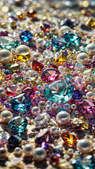 Abstract background with precious stones, colorful crystals and pearls on the seashore.