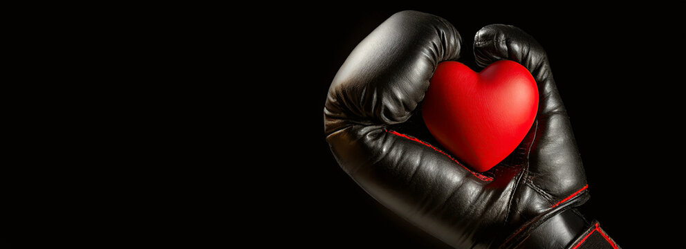 Closeup of a black boxing glove holding a red heart, isolated on black background with copy space. Generative Ai.