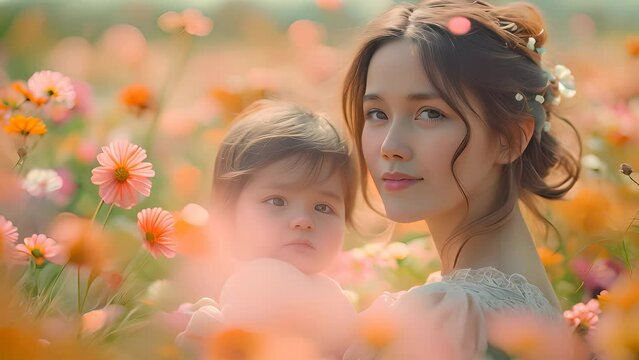 4K HD video clips Japanese mother with baby surrounded by beautiful nature and love on Mother's Day.