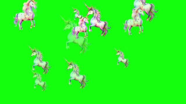 Pastel-colored falling unicorns. Isolated fairytale cartoon figures. Green screen. Overlay. 59,94fps