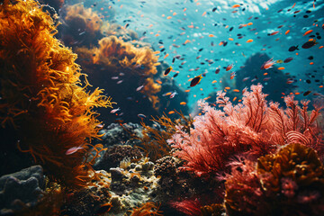 Algae and marine life in coral reef ecosystem. Natural carbon sink. Carbon capture. Underwater environment. Carbon sequestration. Vibrant color of algae and coral. Blue carbon ecosystem.