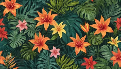Foto auf Acrylglas illustration of Vivid Tropical Flowers and Lush Green Foliage in a Dense Botanical Garden Setting backdrop © PLATİNUM