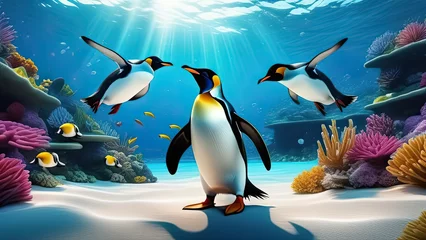 Fotobehang Cute cartoon penguins swimming in the deep blue ocean. Generative AI © Sarbinaz Mustafina
