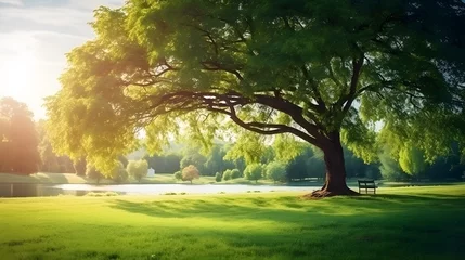 Crédence de cuisine en verre imprimé Herbe Big green tree with beautiful branches in the park. Green grass field near lake and watercycle. Lawn in garden on summer with sunlight. Sunshine to big tree on green grass land. Nature landscape. 