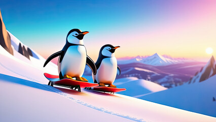 Obraz premium Penguins on snowboard in the mountains. Generative AI
