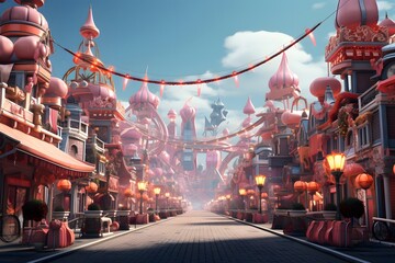 3D illustration of a fantasy city in the middle of the road