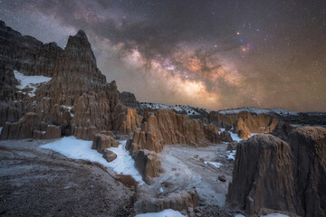 Milky Way Galaxy over hoodoo rock formations in Cathedral Gorge State Park 