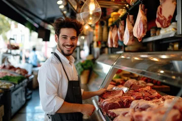 Fotobehang young man butcher standing in meat counter  © David Kreuzberg