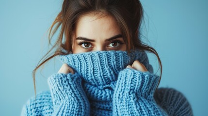 young woman in blue turtleneck sweater in cold winter days