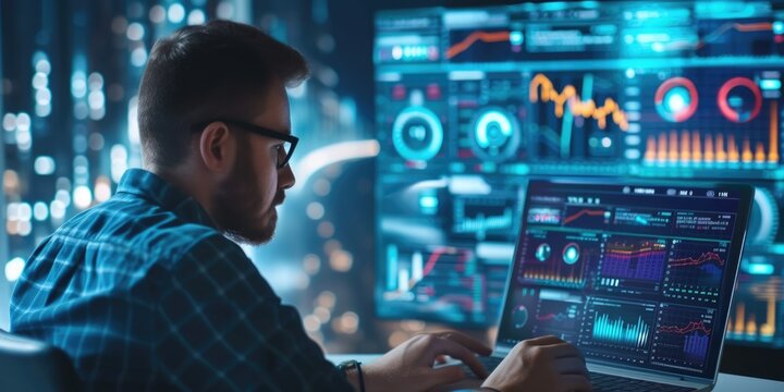 data scientist or programmer working on laptop, blue technology background concept