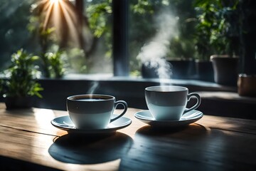 Illustrate a digital artwork depicting a serene morning scene with a white cup of coffee set against a backdrop of soft sunlight and fresh blooms on the table