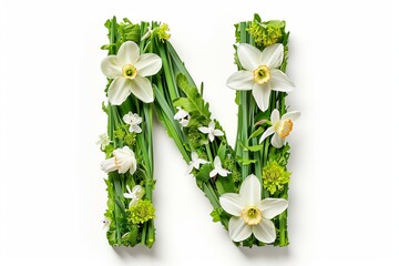 3d modern style narcissus flower letter  n  isolated on white background   floral alphabet concept