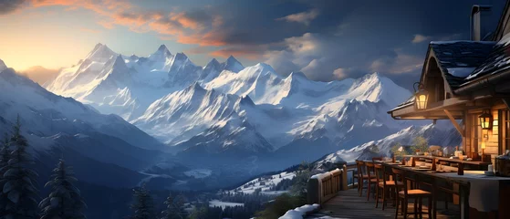  Panoramic view of alpine village in the mountains at sunset © Michelle