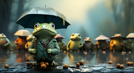 View of a Beautiful frog standing with an umbrella - obrazy, fototapety, plakaty