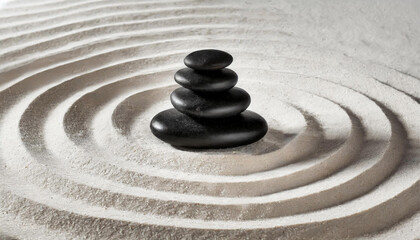 Zen Garden. Four smooth black stones balanced on concentric circles of white sand. Zen or Feng Shui concept. Generative Ai.