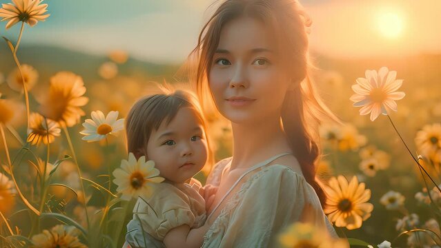 4K HD video clips Japanese mother with baby surrounded by beautiful nature and love on Mother's Day.