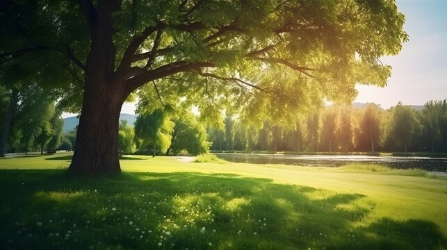Big green tree with beautiful branches in the park. Green grass field near lake and watercycle. Lawn in garden on summer with sunlight. Sunshine to big tree on green grass land. Nature landscape. 