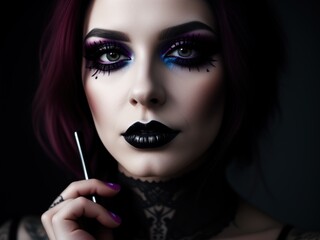 Close-up of a young woman's face with bright Gothic makeup. Black lips, dark eye makeup. The image of a Gothic woman.