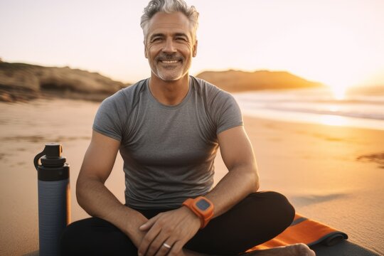 Portrait of smiling mature man sitting on beach and looking at camera