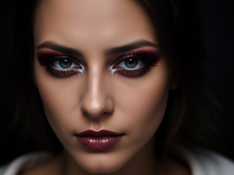 Close-up of a young woman's face with bright Gothic makeup. Black lips, dark eye makeup. The image of a Gothic woman.