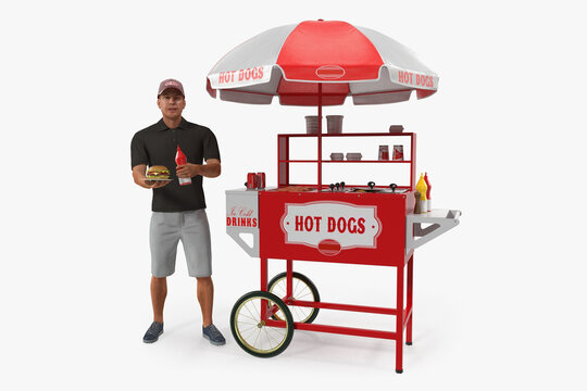 Hot Dog Cart with Vendor 3d render 