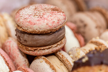 Sweet hand made macarons as delicious french dessert background