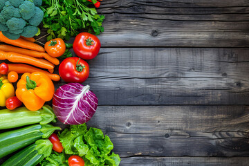 Colorful vegetables arrangement on wooden background