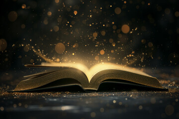 Golden book on galaxy background, golden rays around the book, glow, lines, sparks, with empty space for text