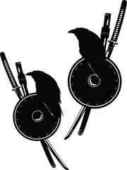 japanese samurai katana sword and sheath with round metal shield with perching raven bird for security concept black and white vector design set