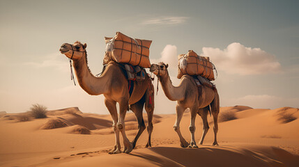 camel caravan in the sahara desert, Arabian camel isolated on white background, Closeup side view of isolated couple two one-humped dromedary camels on desert sand dune edge, Generative Ai - obrazy, fototapety, plakaty