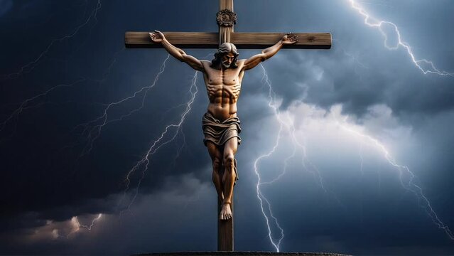 motion of Jesus Christ on the cross with a cloudy sky and lightning, Cross of Jesus from Calvary hill with lightning storm in midnight. Concept of the Crucifixion of Christ
