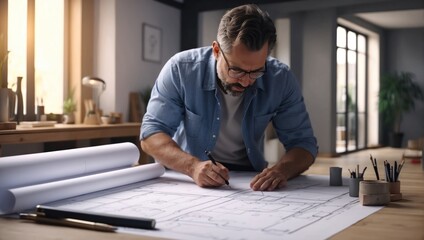 Architect working on blueprints - obrazy, fototapety, plakaty