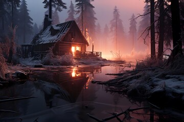 Beautiful winter landscape with a lake and a wooden house in the fog