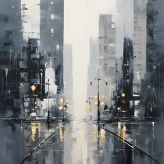 Digital painting of a street in a big city with high buildings.