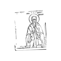 Orthodox vintage stamp of Saint Peter of Korisha (name). Christian illustration black and white in Byzantine style 