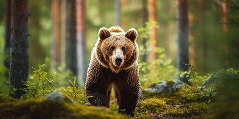 bear walking in the middle of forest forest background
