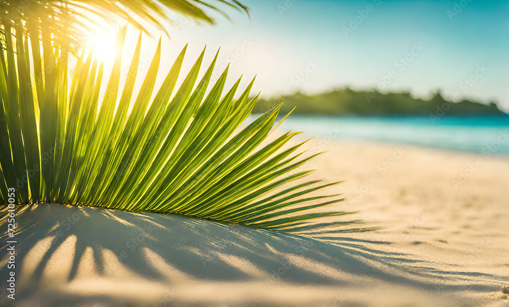 Poster Serene summer beach scene with palm leaves, sand, and sea