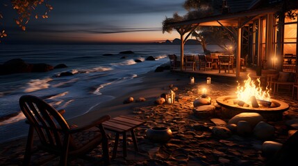 Romantic dinner on the beach at sunset. Panoramic view
