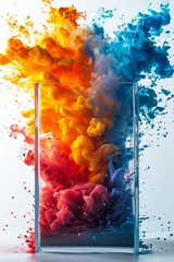 Multicolored paint splashing out of a glass vase. Abstract multicolored rainbow colors on a white background