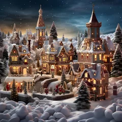 Badezimmer Foto Rückwand Winter village with houses and trees covered with snow. 3d illustration © Michelle