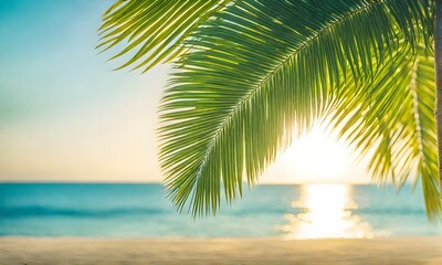 Fototapeta premium Serene summer beach scene with palm leaves, sand, and sea