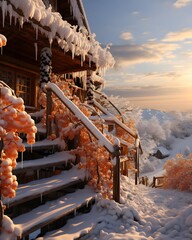 Beautiful winter landscape with snow covered trees and wooden house at sunset