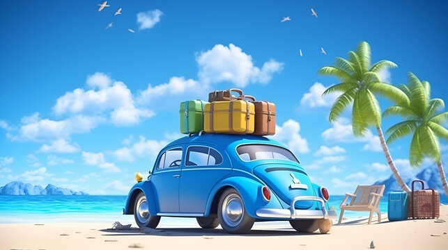 Blue car with luggage ready for summer holidays 3D Rendering, Blue car with luggage and beach accessories on blue background, Auto vacanze con valigie e bagagli, mare, Generative AI