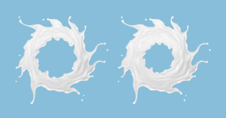 Milk circle splashes isolated on blue background. Natural dairy product, yogurt or cream splash with flying drops. Realistic Vector illustration